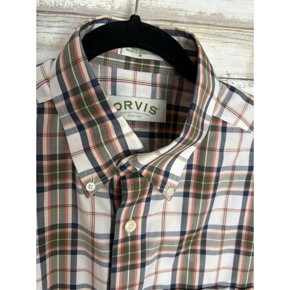 Orvis Men's Sz M Plaid Cotton Button Up Shirt Long‎ Sleeve Orange Blue - Picture 3 of 8